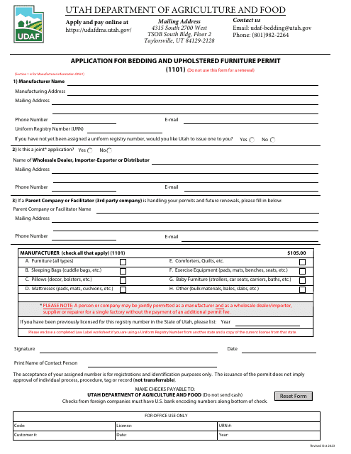 Form 1101 Application for Bedding and Upholstered Furniture Permit - Utah