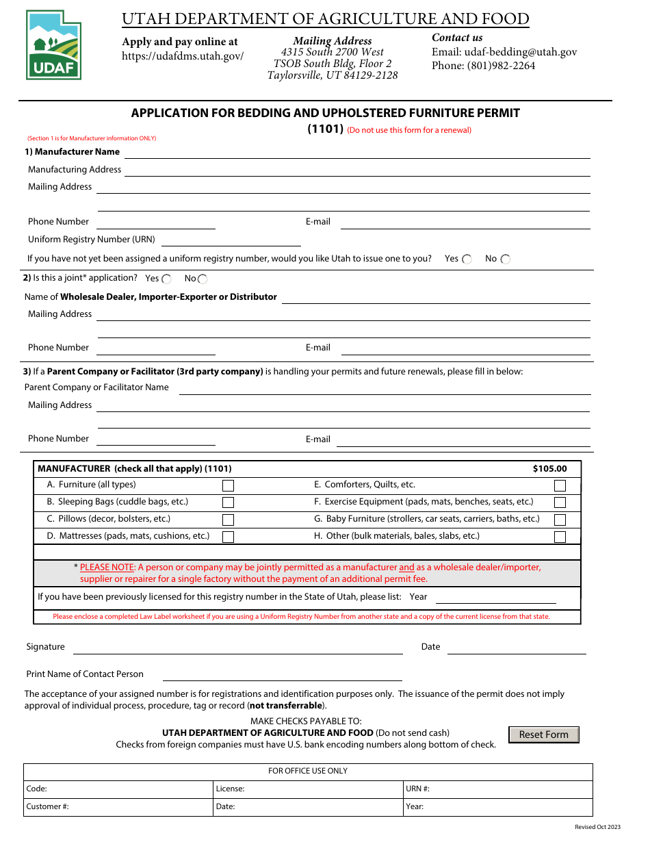 Form 1101 Application for Bedding and Upholstered Furniture Permit - Utah, Page 1