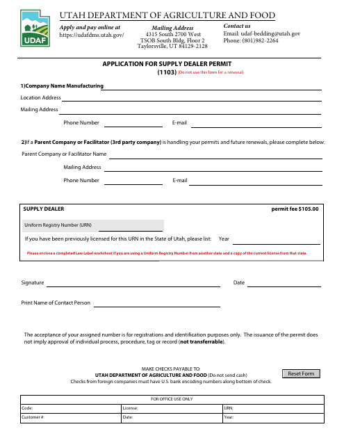 Form 1103 Application for Supply Dealer Permit - Utah