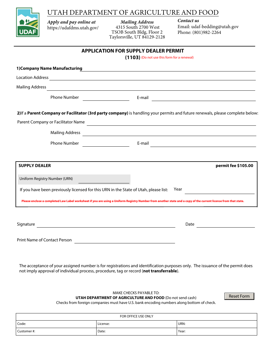 Form 1103 Application for Supply Dealer Permit - Utah, Page 1