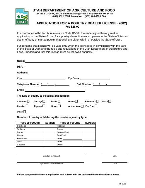 Form 2002 Application for a Poultry Dealer License - Utah