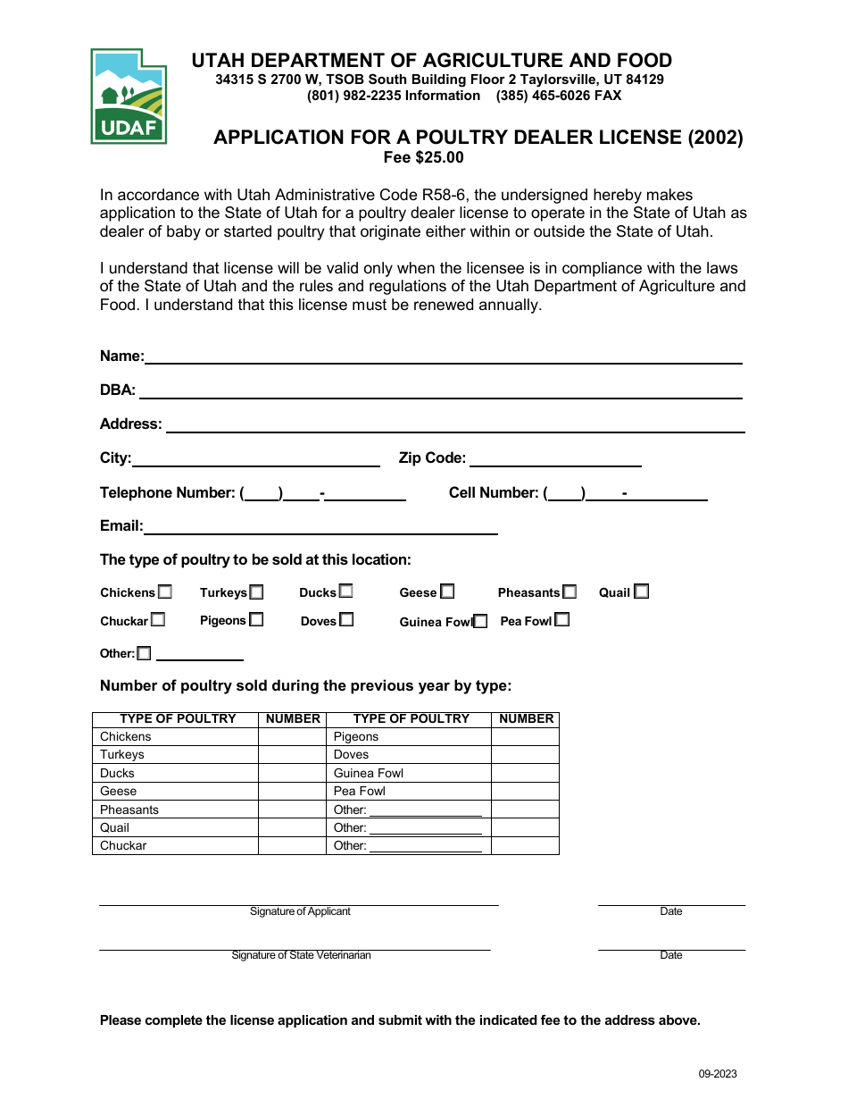 Form 2002 Application for a Poultry Dealer License - Utah, Page 1