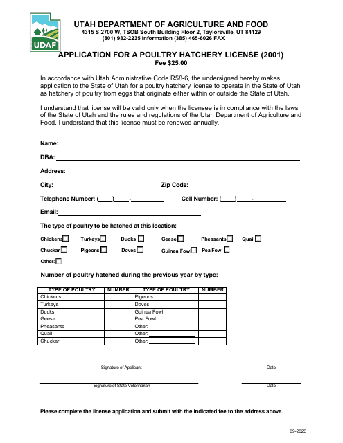 Form 2001 Application for a Poultry Hatchery License - Utah
