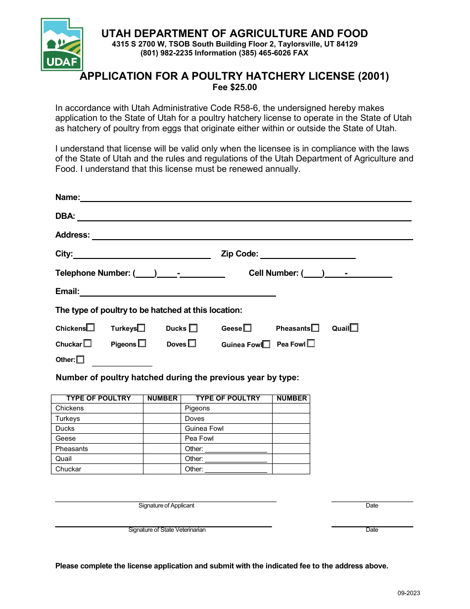 Form 2001 Application for a Poultry Hatchery License - Utah, Page 1