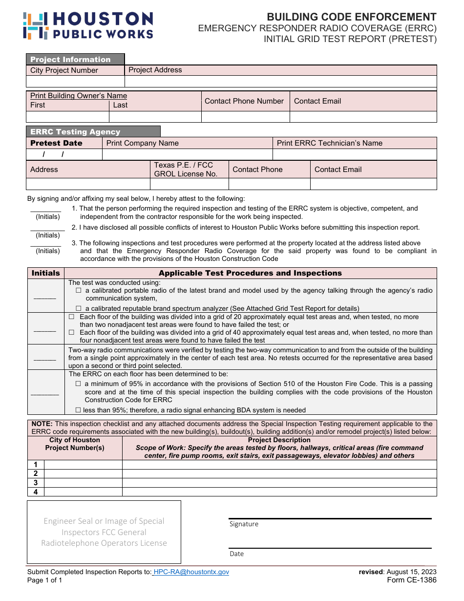 Form CE-1386 Emergency Responder Radio Coverage (Errc) Initial Grid Test Report (Pretest) - City of Houston, Texas, Page 1