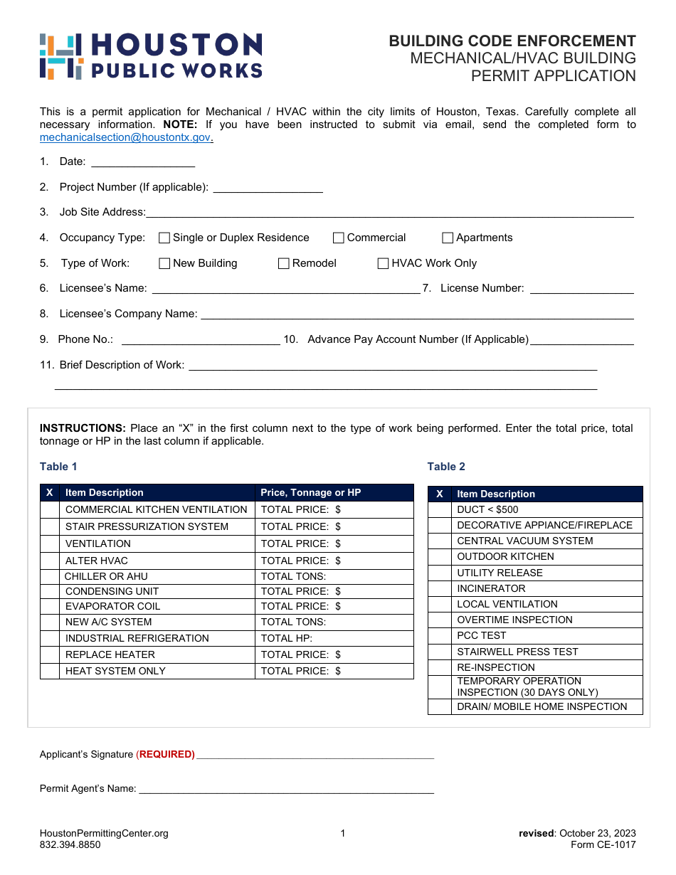 Form CE-1017 Mechanical / HVAC Building Permit Application - City of Houston, Texas, Page 1