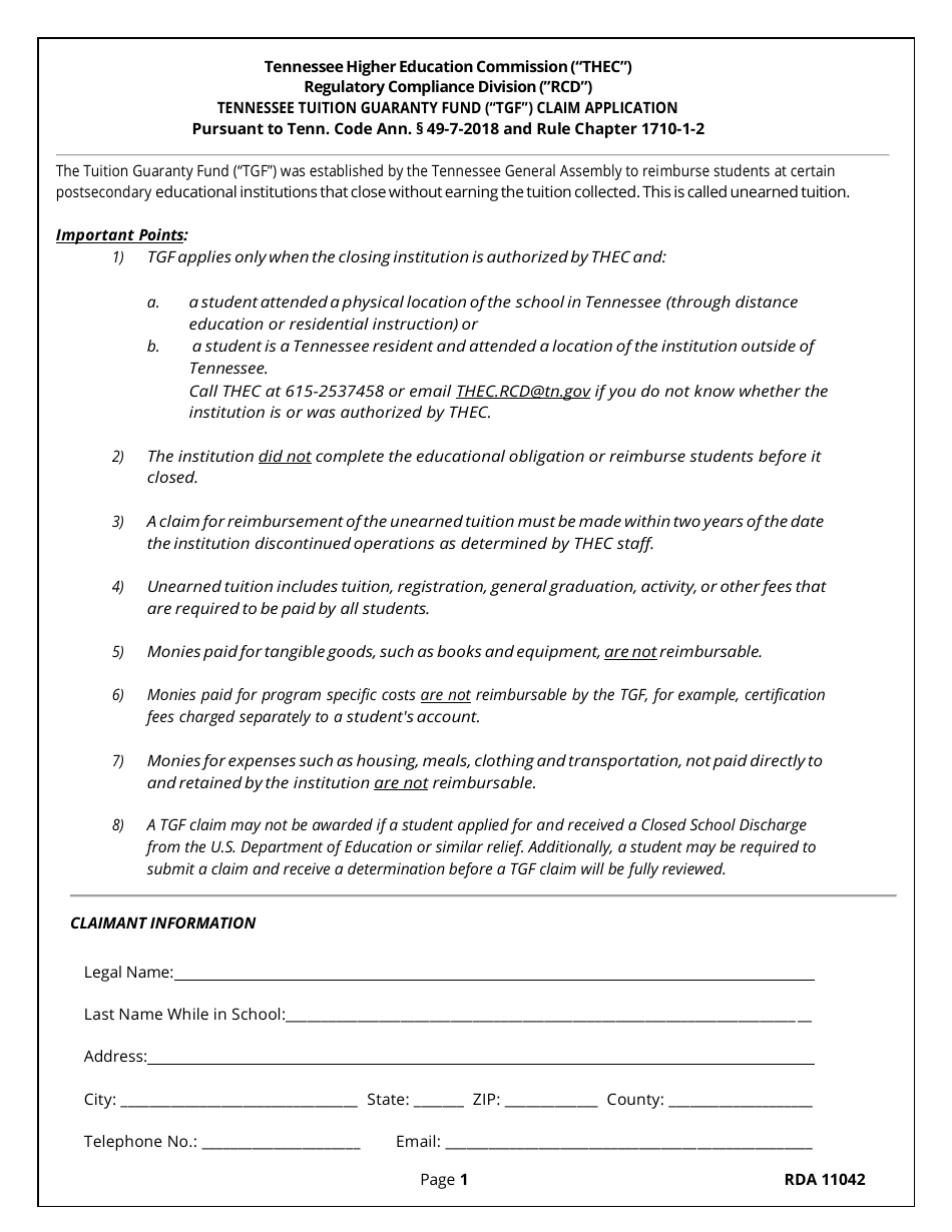 Tuition Guaranty Fund (Tgf) Claim Application and Information Authorization Release - Tennessee, Page 1