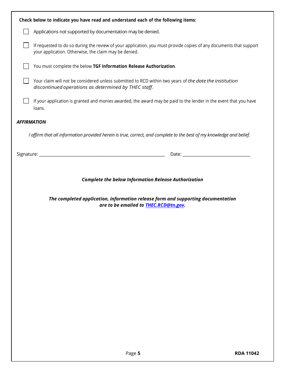 Tuition Guaranty Fund (Tgf) Claim Application and Information Authorization Release - Tennessee, Page 5