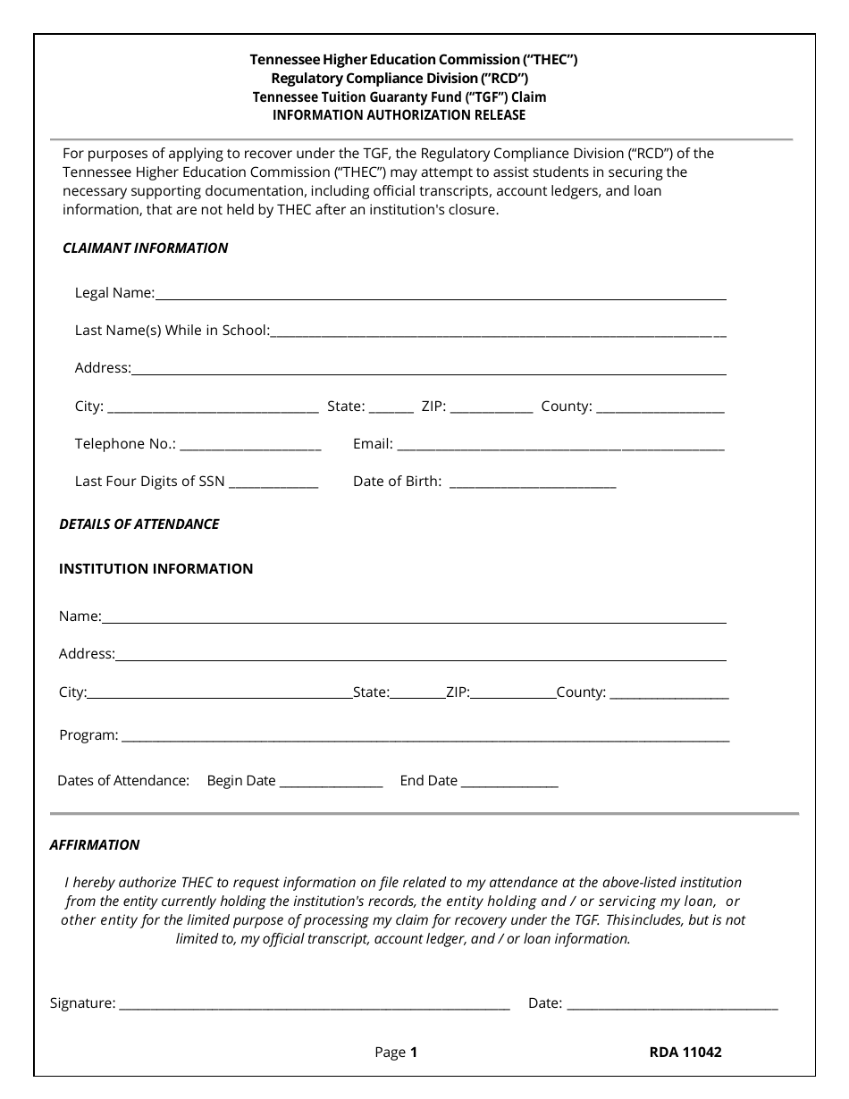 Tuition Guaranty Fund (Tgf) Claim Application and Information Authorization Release - Tennessee, Page 6