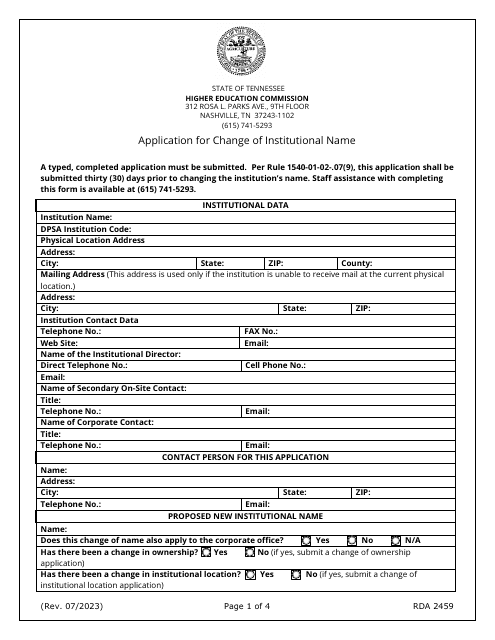 Application for Change of Institutional Name - Tennessee Download Pdf
