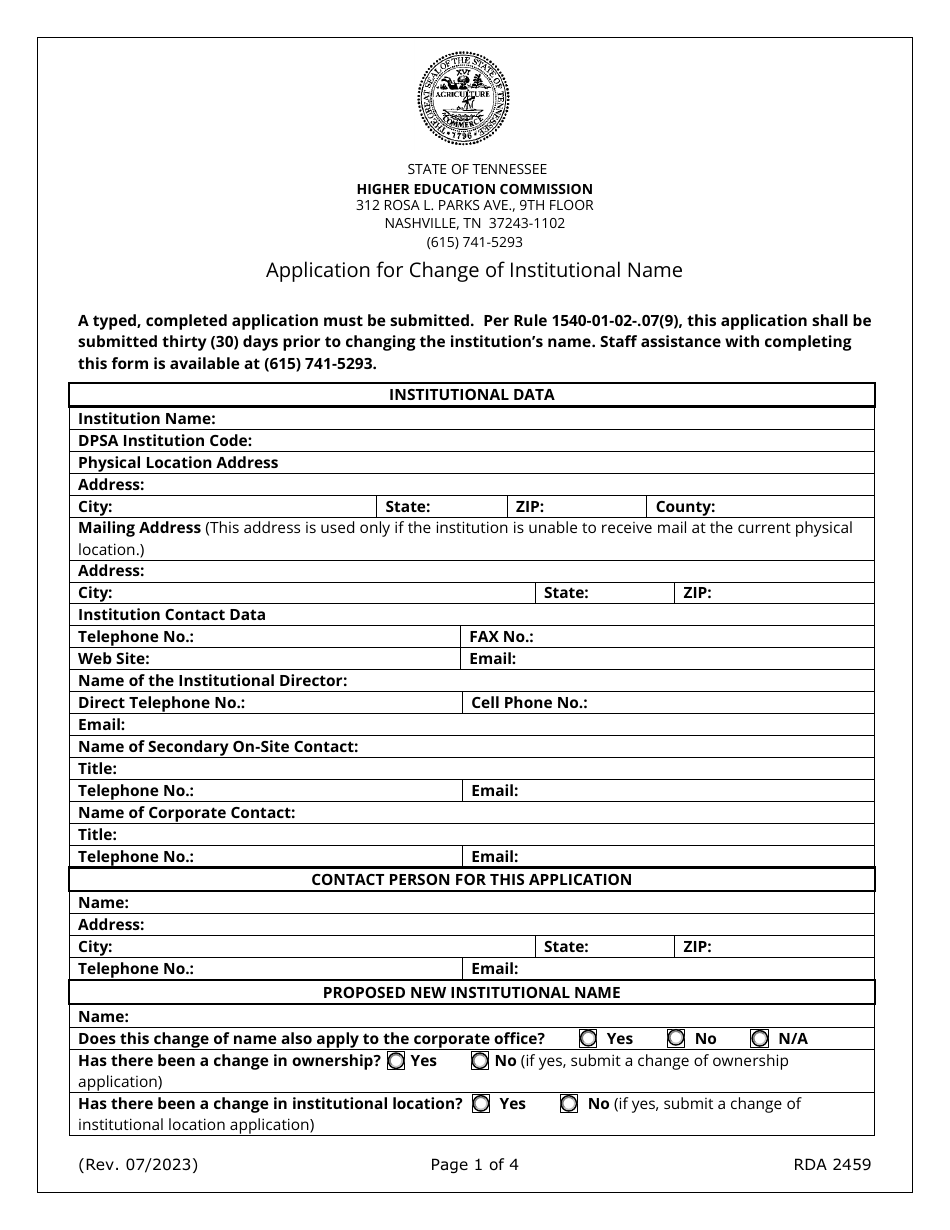Application for Change of Institutional Name - Tennessee, Page 1