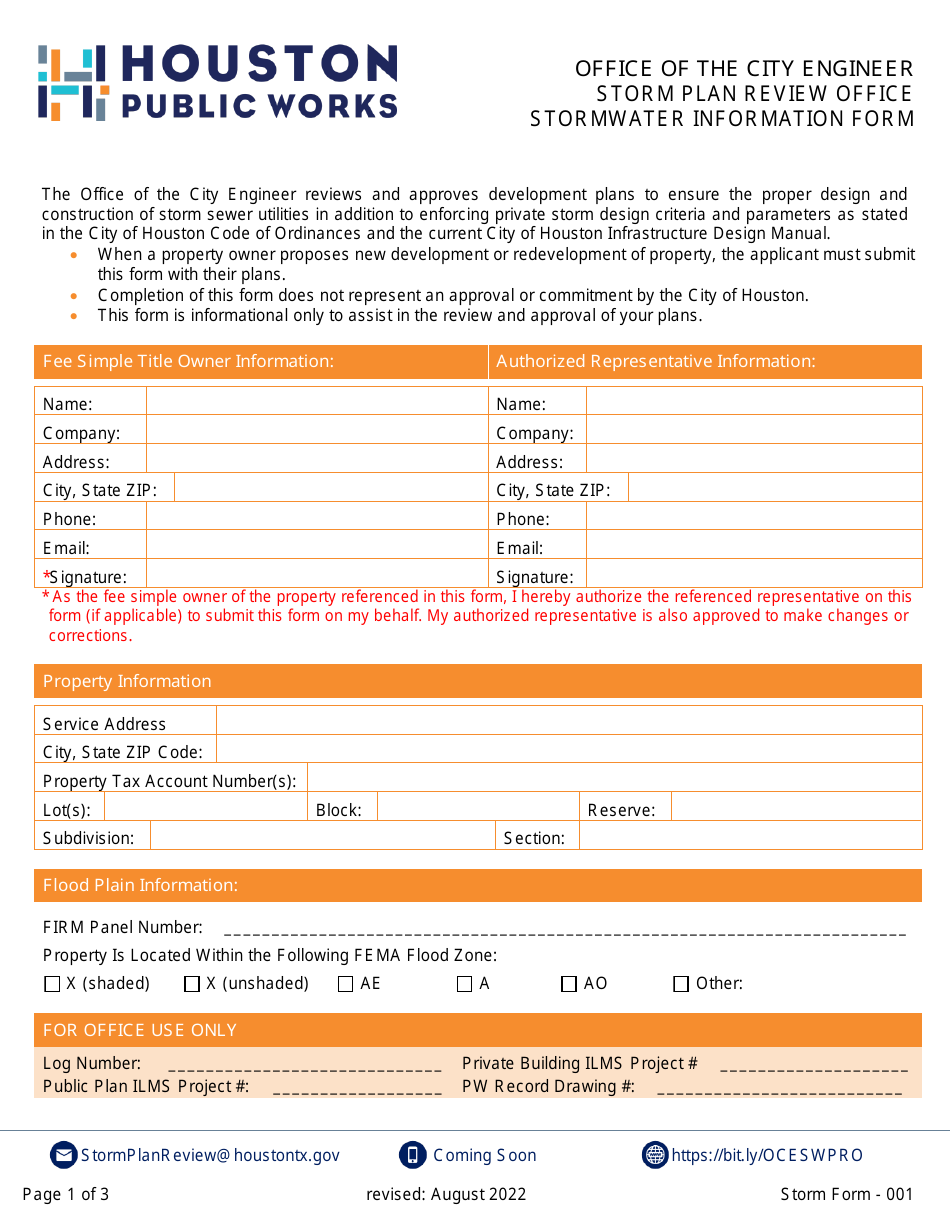 Form 001 Stormwater Information Form - City of Houston, Texas, Page 1