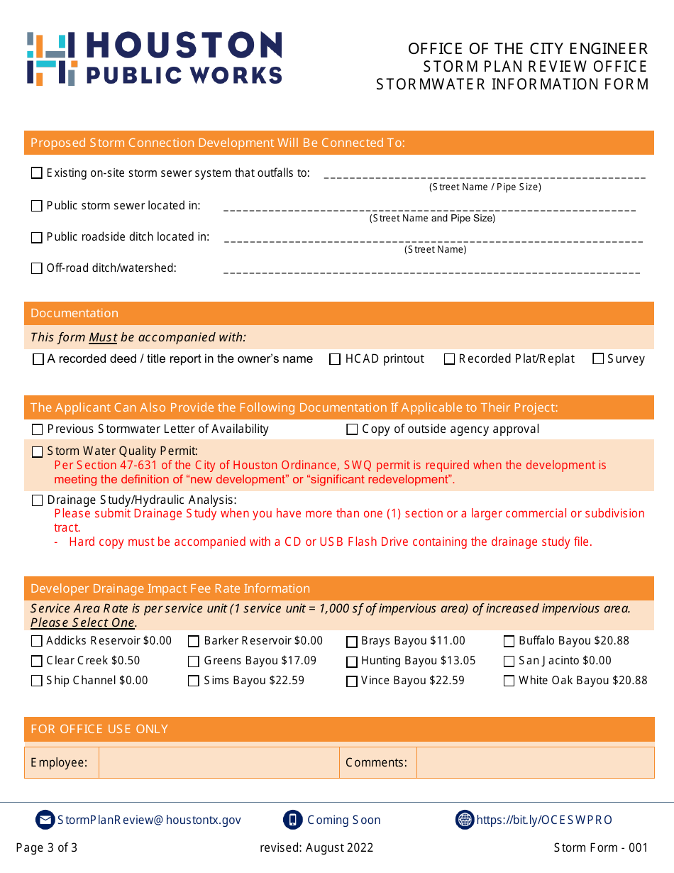 Form 001 Stormwater Information Form - City of Houston, Texas, Page 3