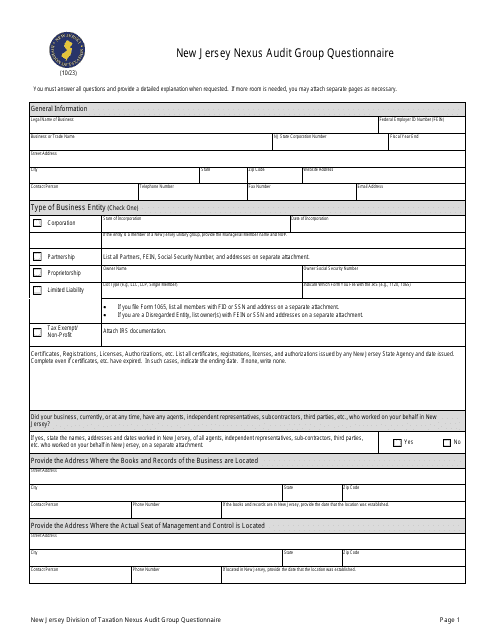 New Jersey Nexus Audit Group Questionnaire - New Jersey Download Pdf