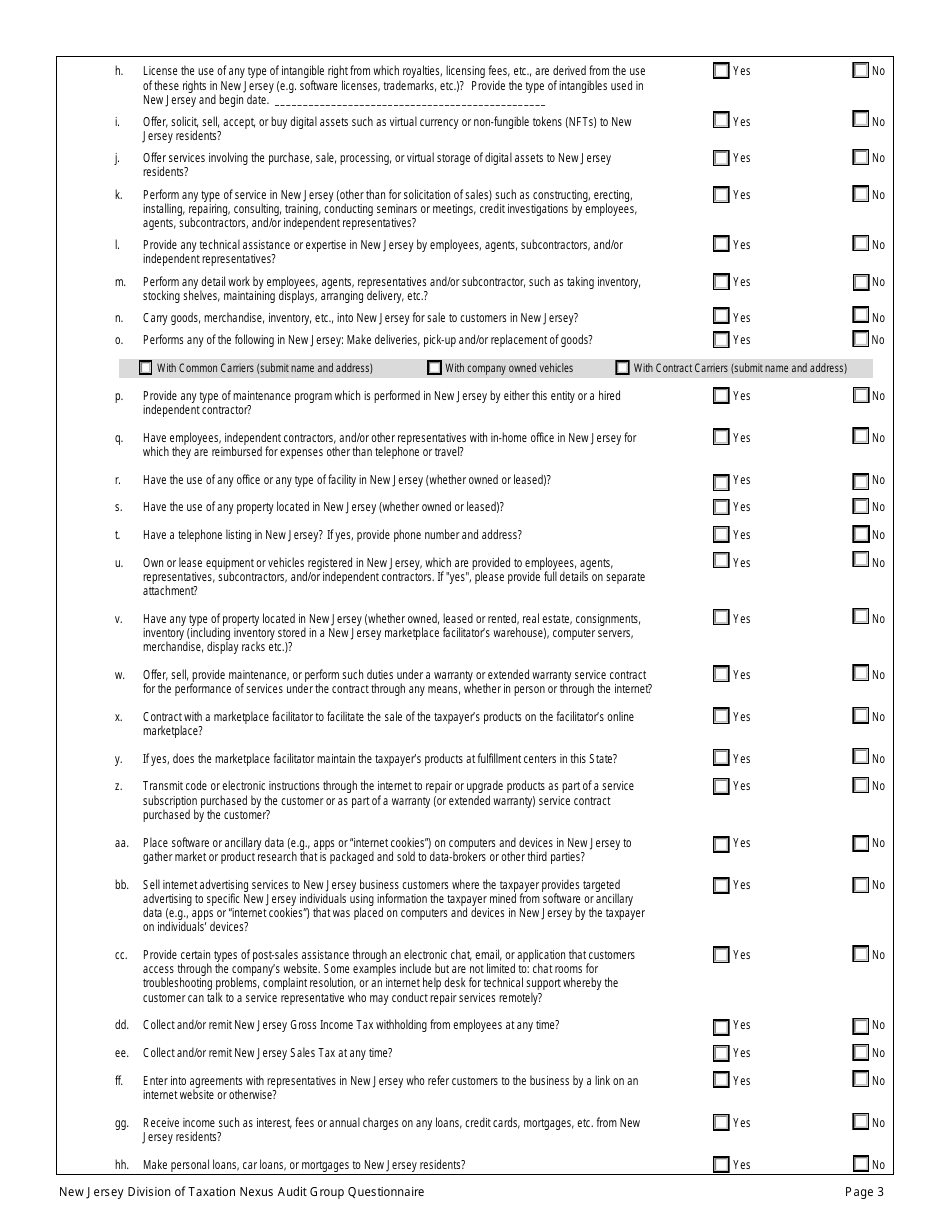 New Jersey Nexus Audit Group Questionnaire - New Jersey, Page 3