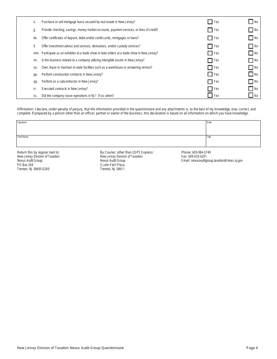 New Jersey Nexus Audit Group Questionnaire - New Jersey, Page 4