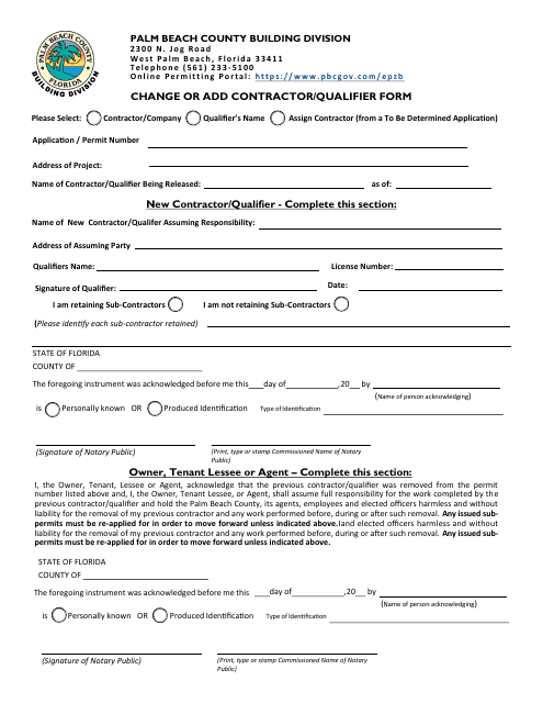 Change or Add Contractor / Qualifier Form - Palm Beach County, Florida Download Pdf