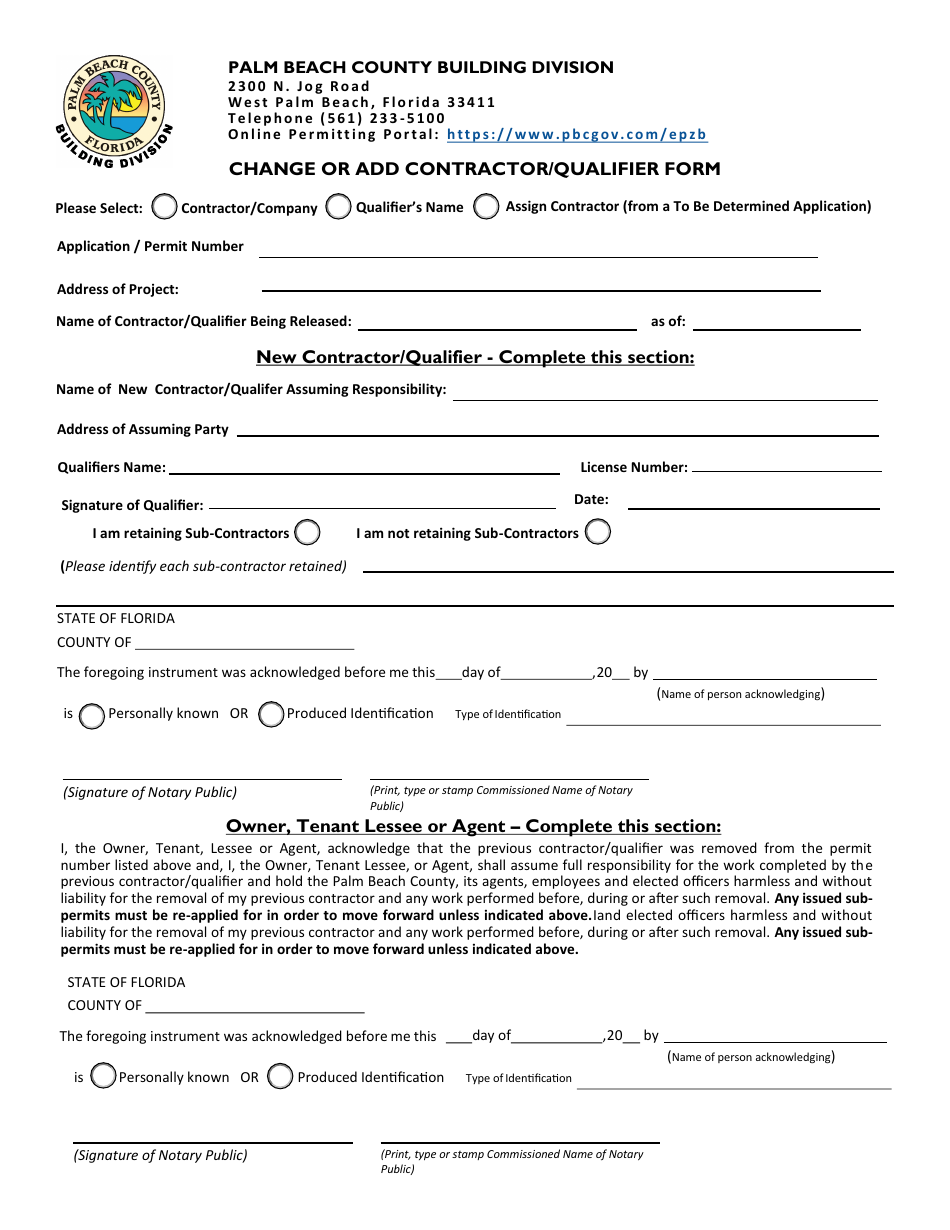 Palm Beach County Florida Change or Add Contractor/Qualifier Form