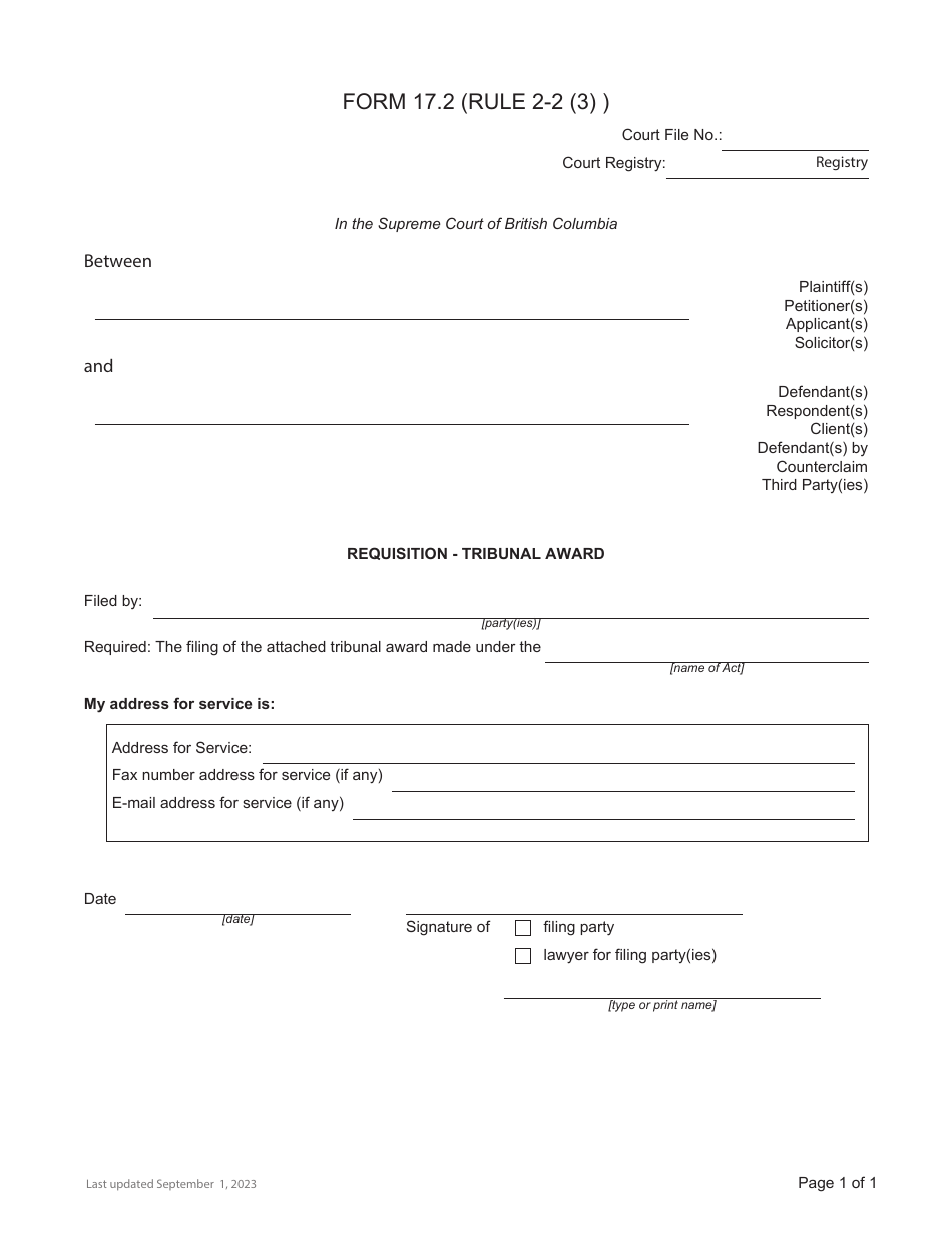 Form 17.2 Requisition - Tribunal Award - British Columbia, Canada, Page 1