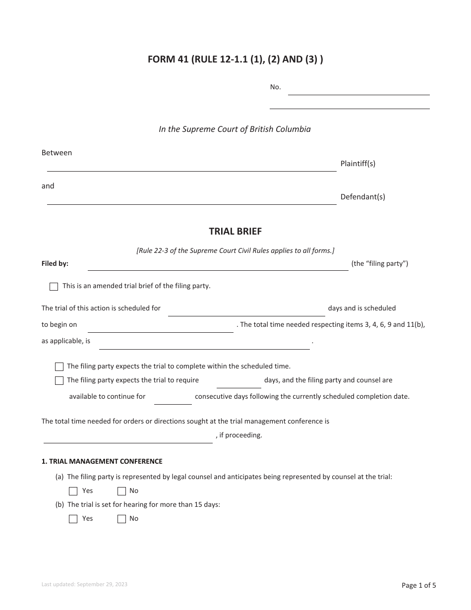 Form 41 Trial Brief - British Columbia, Canada, Page 1