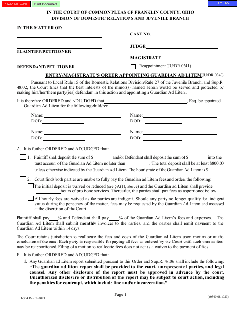 Form J-304 (E0340) Entry/Magistrate's Order Appointing Guardian Ad Litem - Franklin County, Ohio