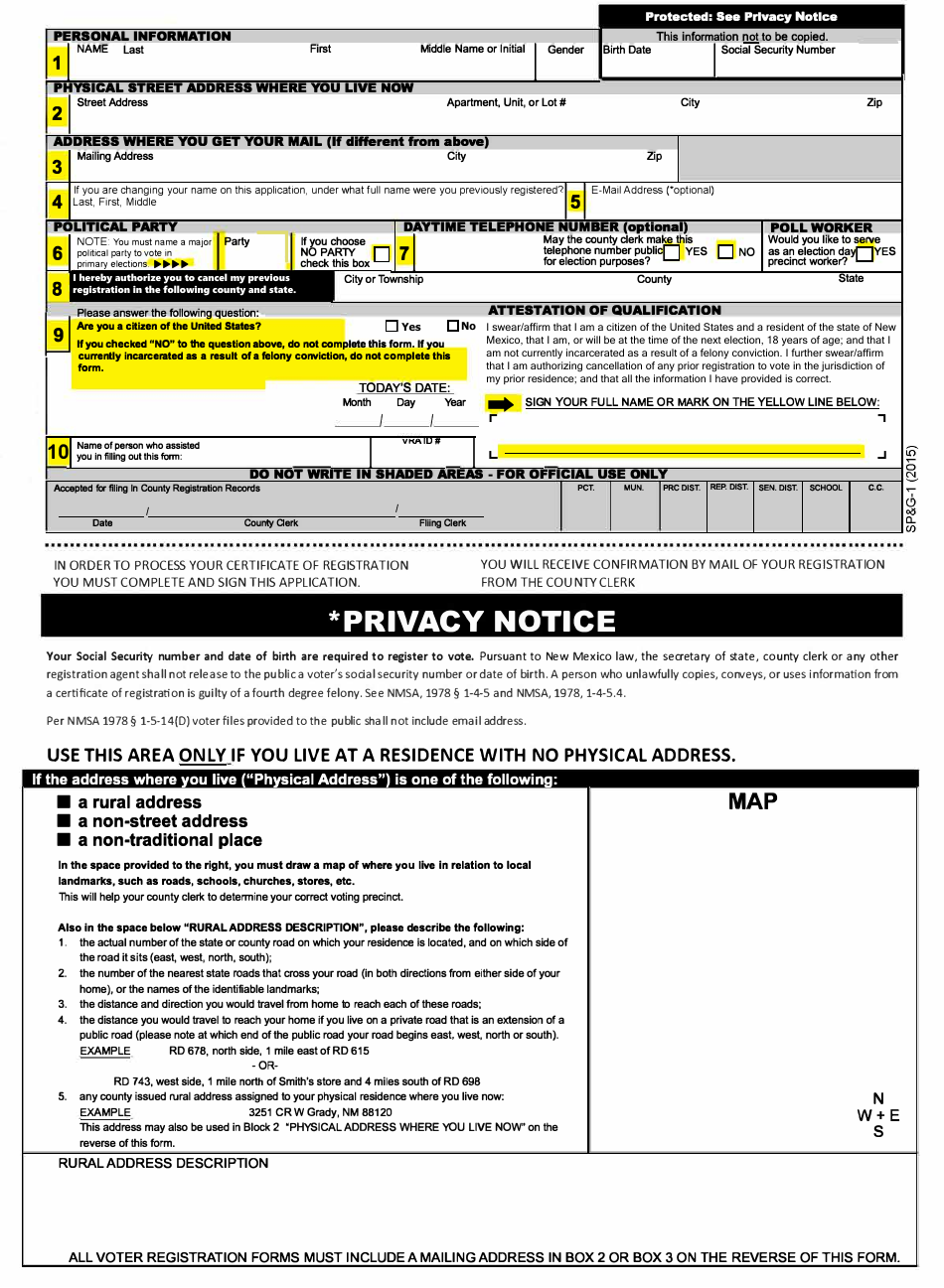 Form SPG-1 Voter Registration Form - New Mexico, Page 1