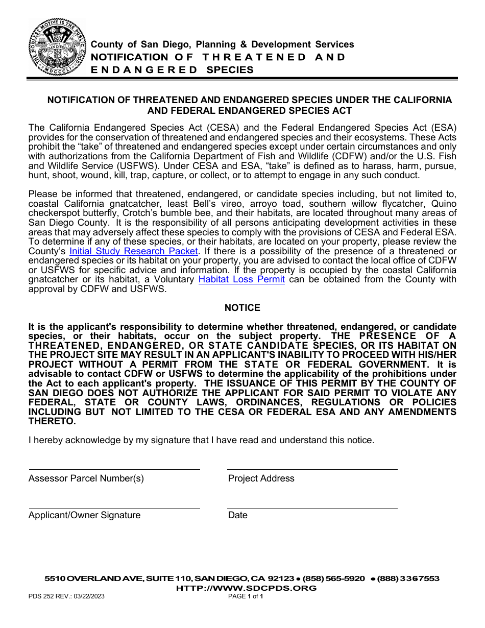 Form PDS252 Notification of Threatened and Endangered Species - County of San Diego, California, Page 1