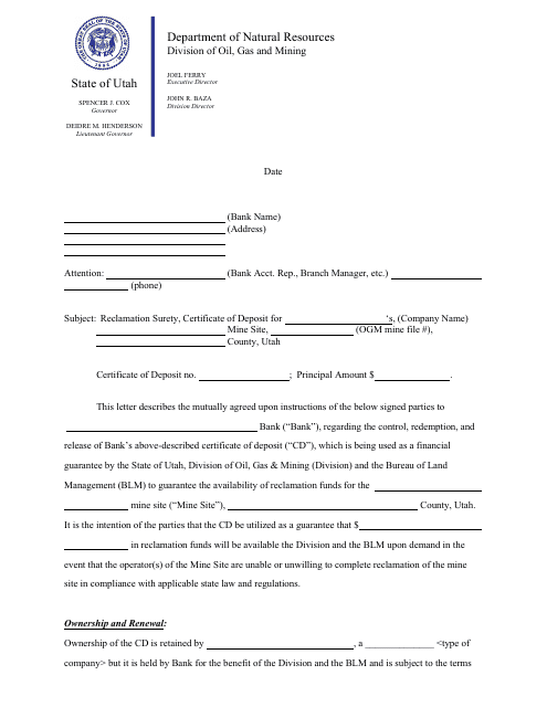 Certificate of Deposit (BLM) - Utah Download Pdf