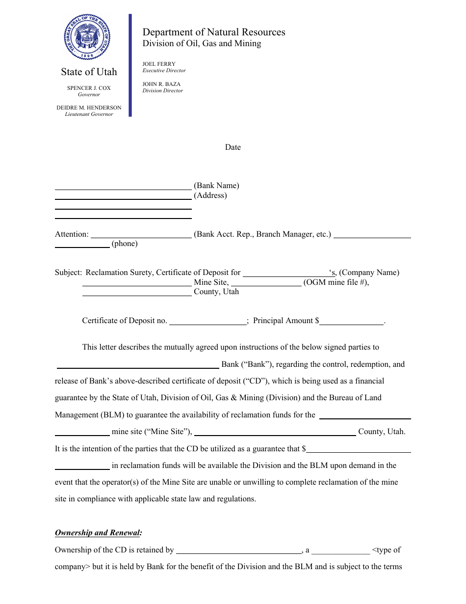 Certificate of Deposit (BLM) - Utah, Page 1