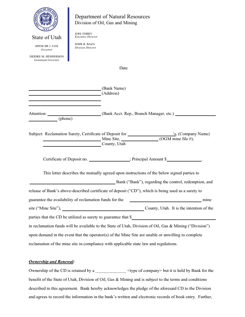 Certificate of Deposit - Utah Download Pdf