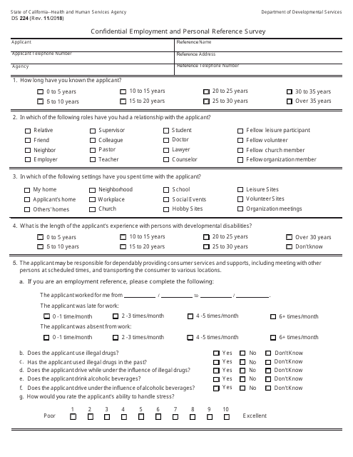 Form DS224 Confidential Employment and Personal Reference Survey - California