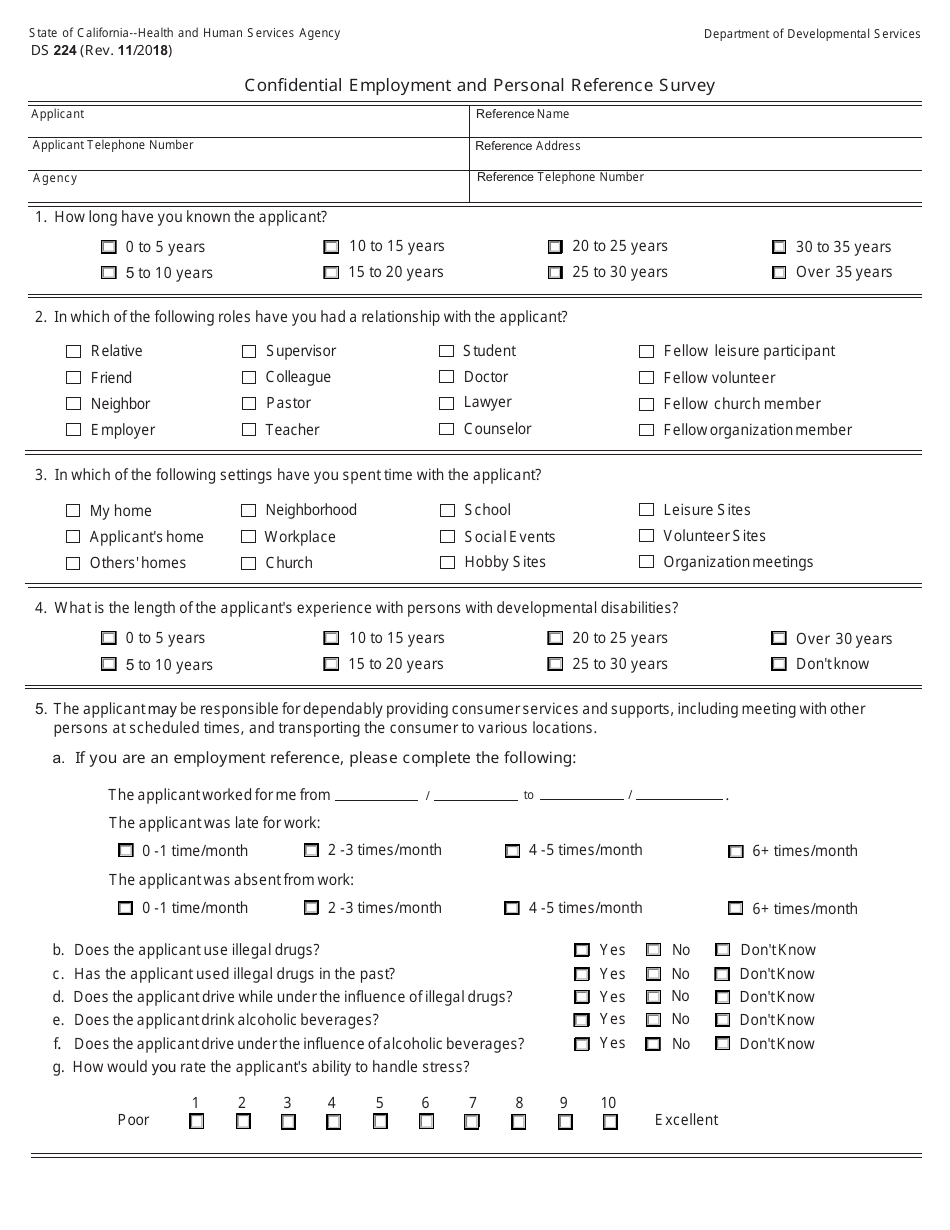 Form DS224 Confidential Employment and Personal Reference Survey - California, Page 1