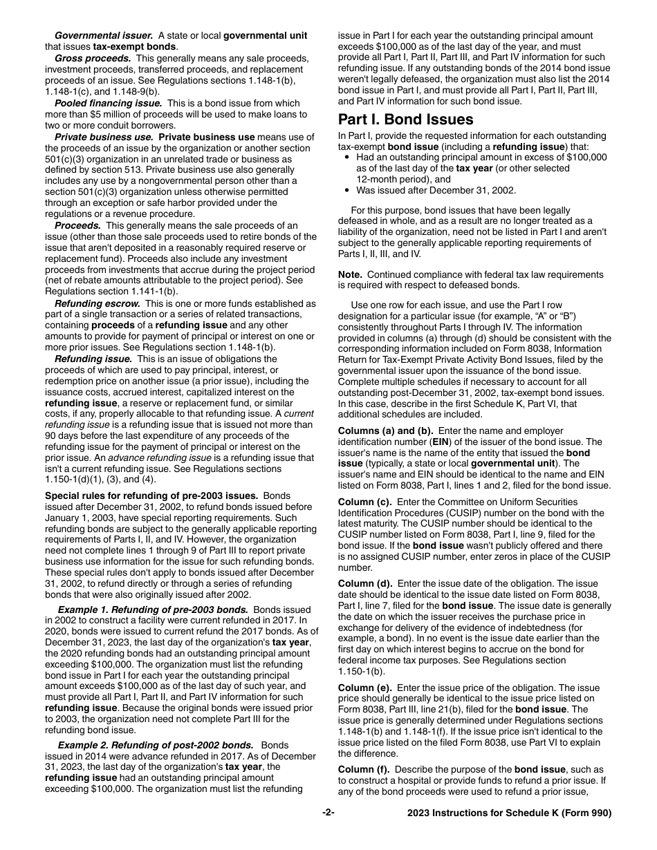 Instructions for IRS Form 990 Schedule K Supplemental Information on Tax-Exempt Bonds, Page 2