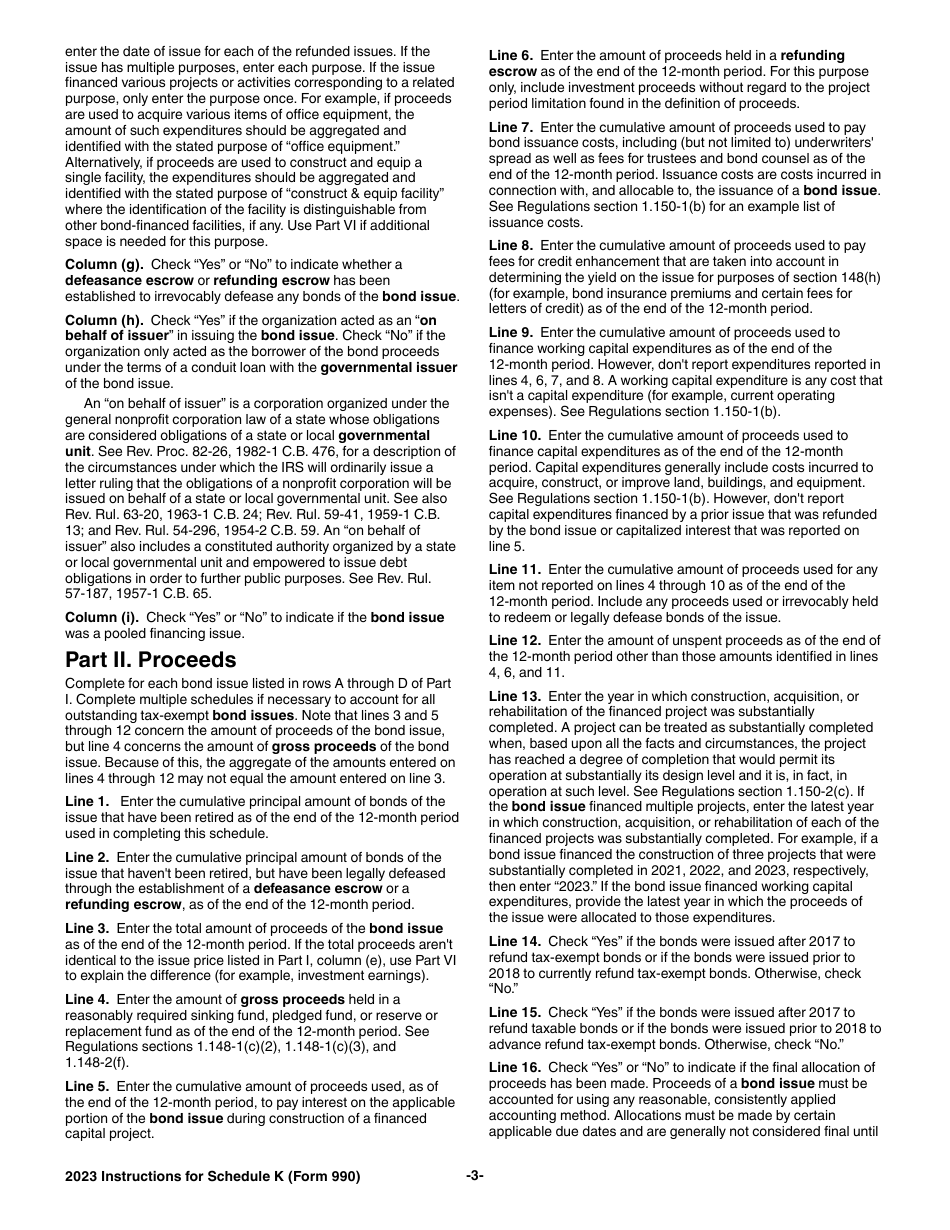 Instructions for IRS Form 990 Schedule K Supplemental Information on Tax-Exempt Bonds, Page 3