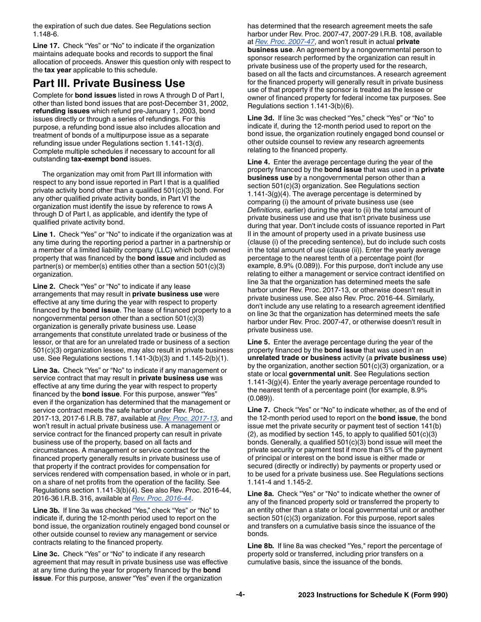 Instructions for IRS Form 990 Schedule K Supplemental Information on Tax-Exempt Bonds, Page 4
