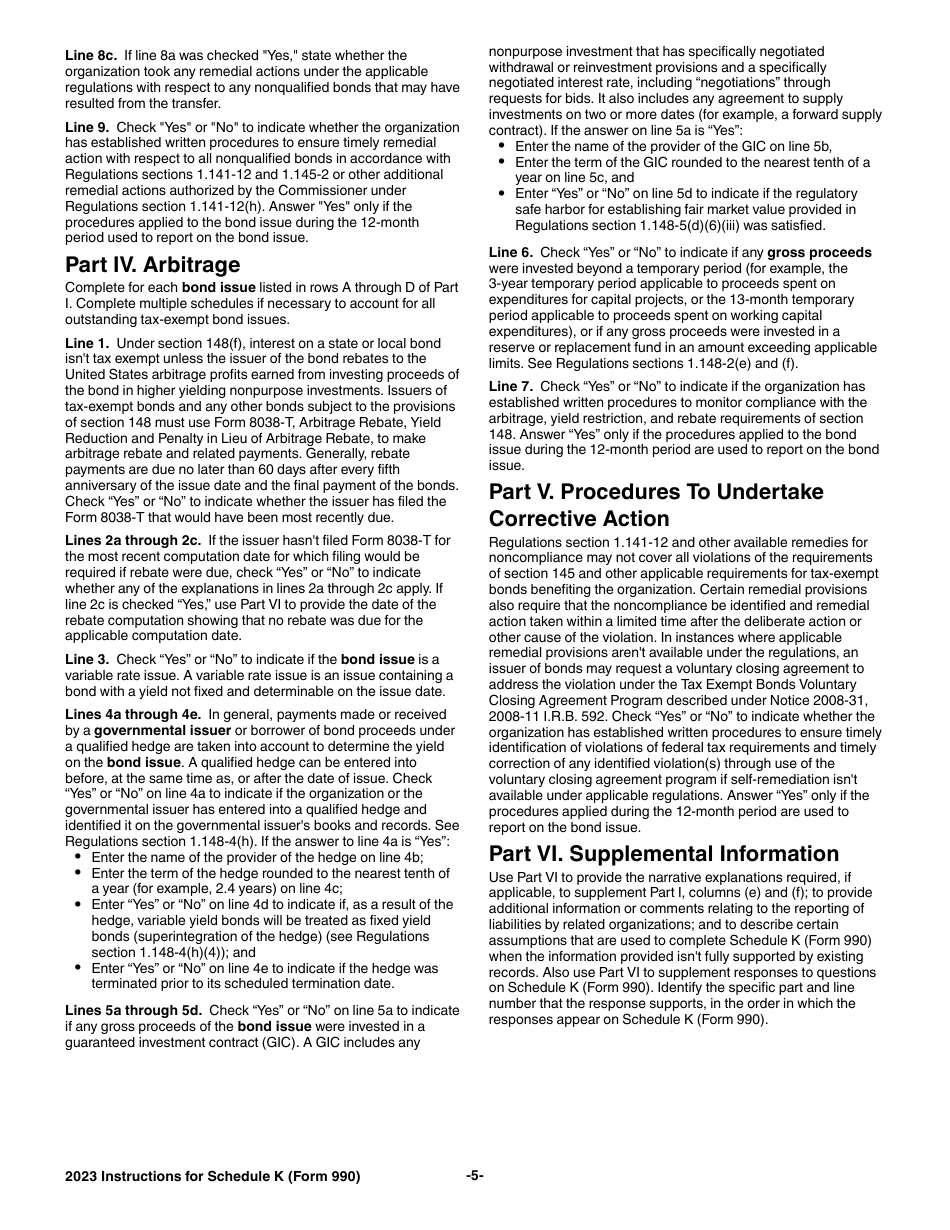 Instructions for IRS Form 990 Schedule K Supplemental Information on Tax-Exempt Bonds, Page 5