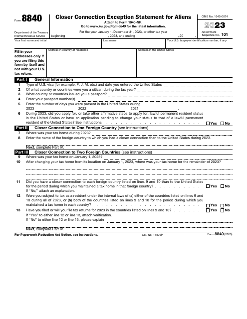 IRS Form 8840 Closer Connection Exception Statement for Aliens, 2023