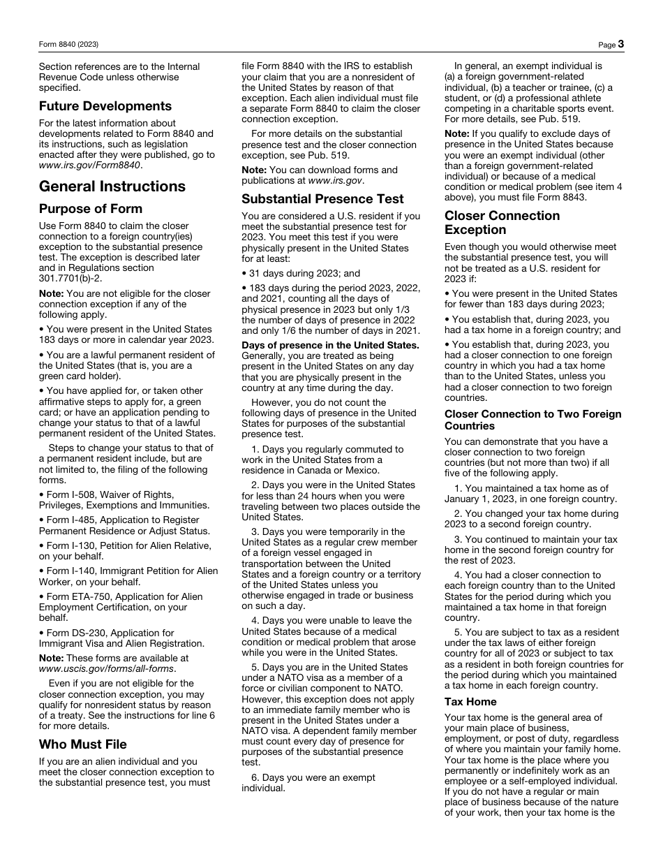 IRS Form 8840 Closer Connection Exception Statement for Aliens, Page 3