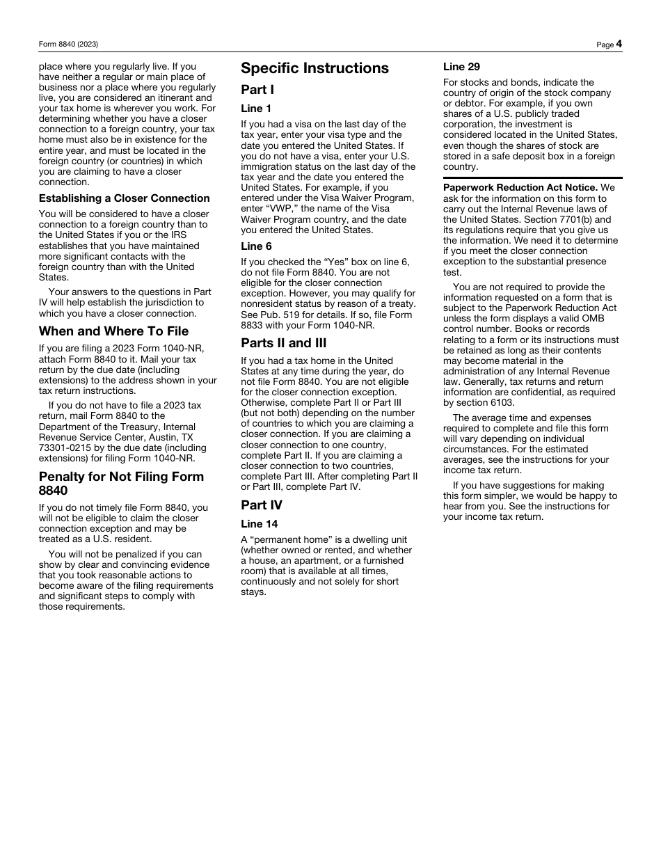 IRS Form 8840 Closer Connection Exception Statement for Aliens, Page 4