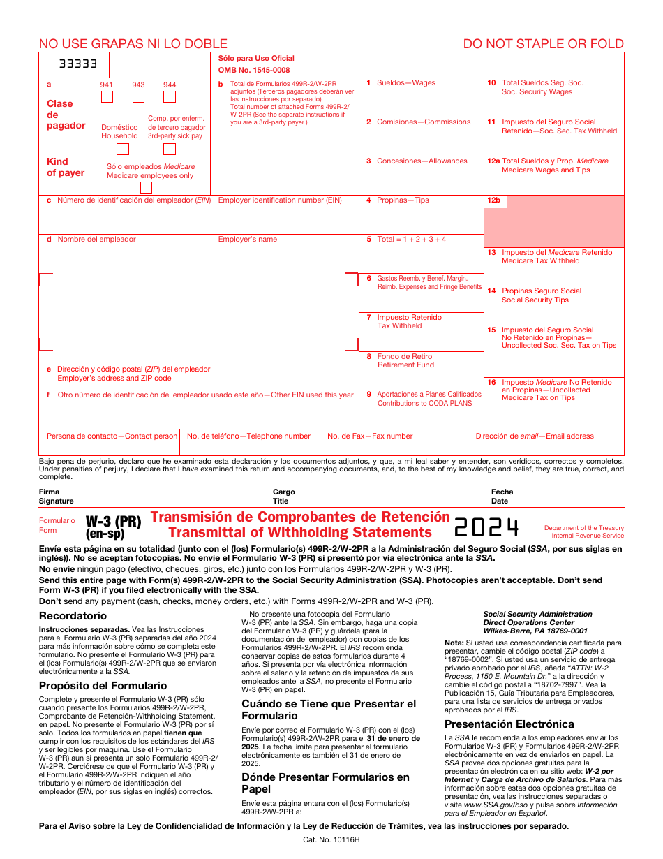 IRS Form W-3 (PR) - 2024 - Fill Out, Sign Online and Download Printable ...