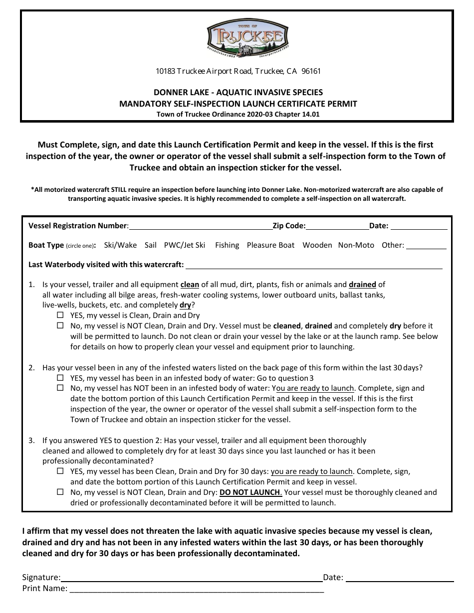 Mandatory Self-inspection Launch Certificate Permit - Donner Lake - Aquatic Invasive Species - Town of Truckee, California, Page 1