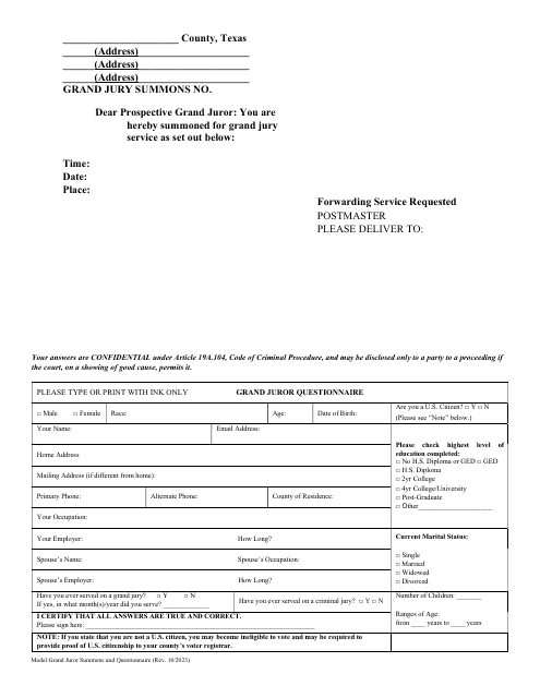 Model Grand Jury Summons & Questionnaire - Texas Download Pdf