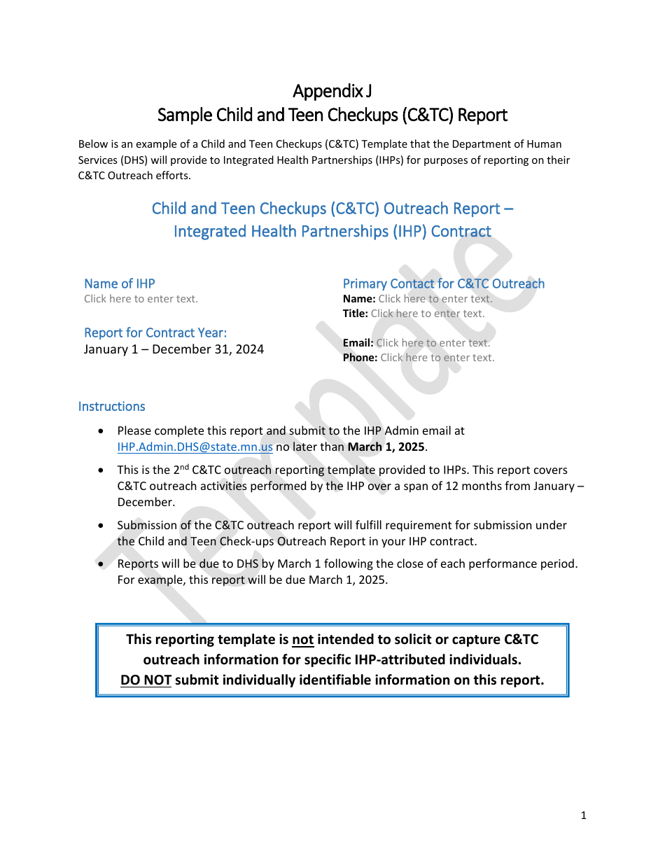 Appendix J Sample Child and Teen Checkups (Ctc) Report - Template - Minnesota, Page 1