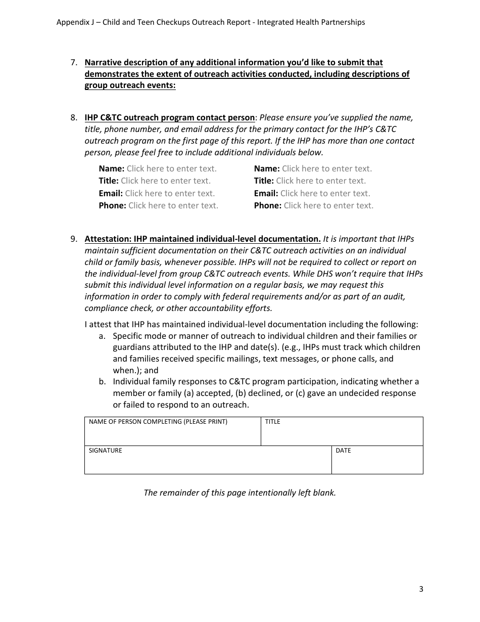Appendix J Sample Child and Teen Checkups (Ctc) Report - Template - Minnesota, Page 3