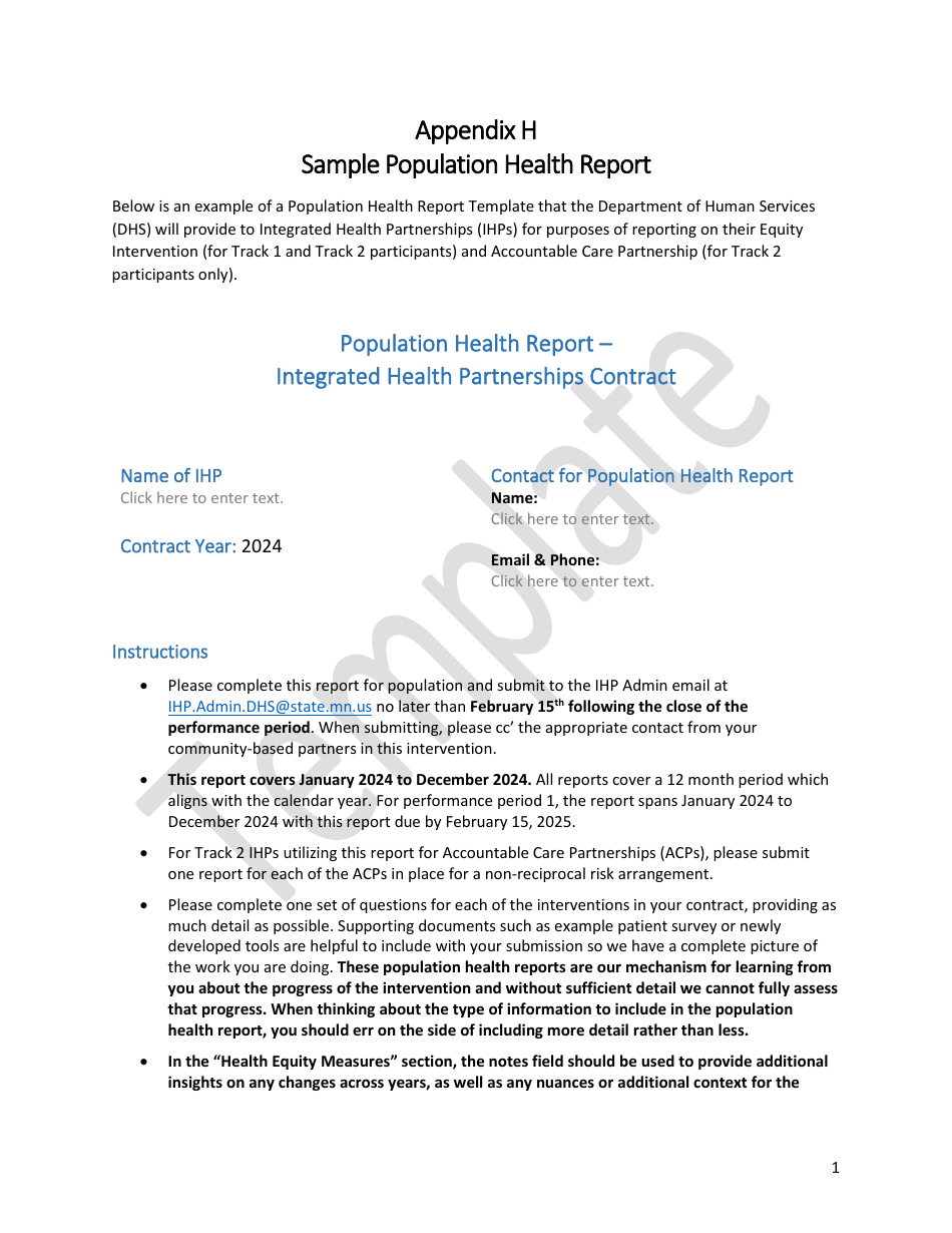 Appendix H Sample Population Health Report - Template - Minnesota, Page 1