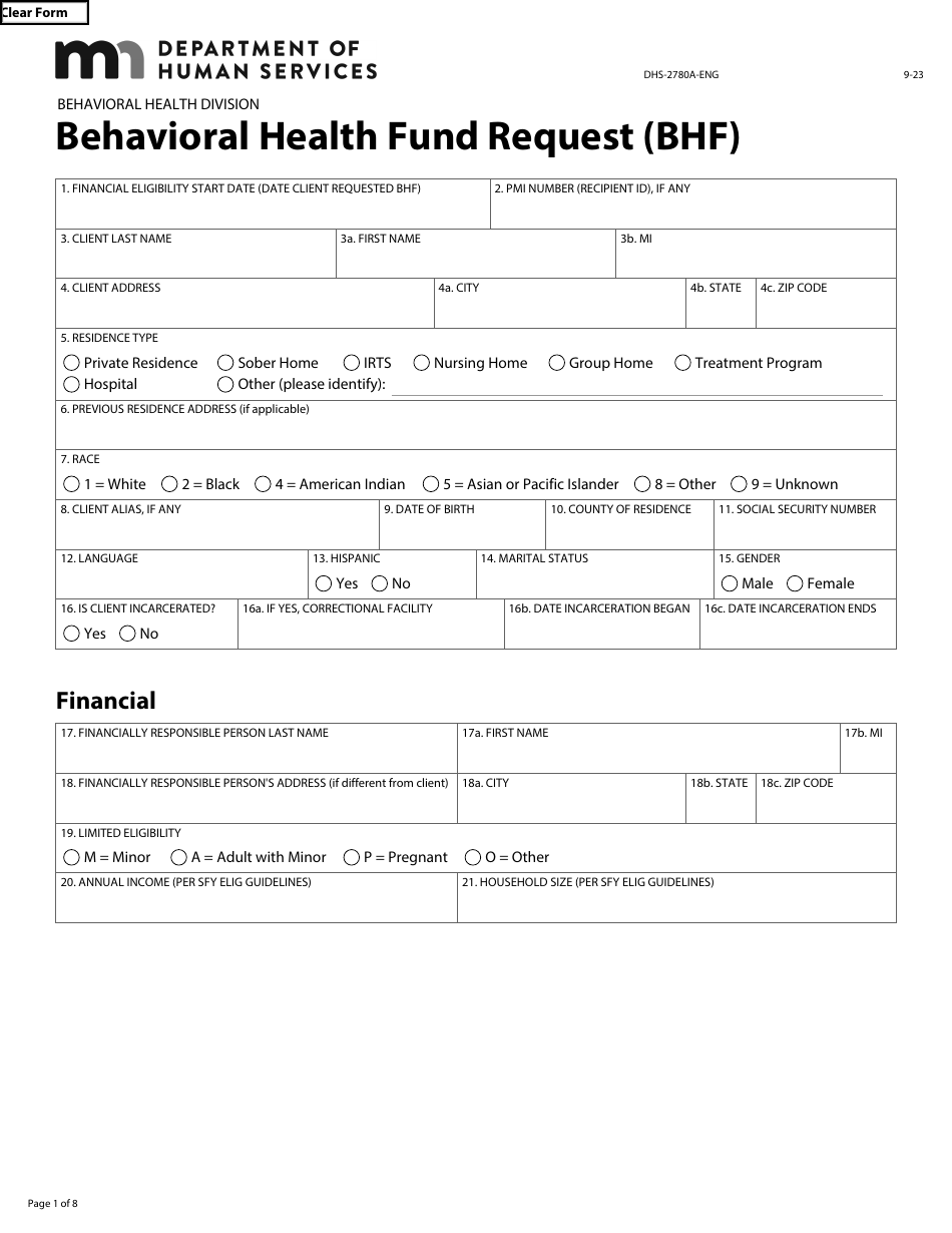 Form DHS-2780A-ENG Behavioral Health Fund Request (Bhf) - Minnesota, Page 1