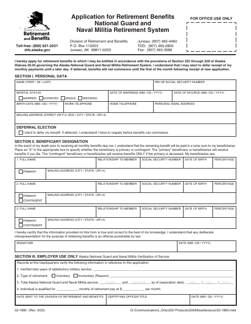 Form 02-1890 Application for Retirement Benefits - National Guard and Naval Militia Retirement System - Alaska