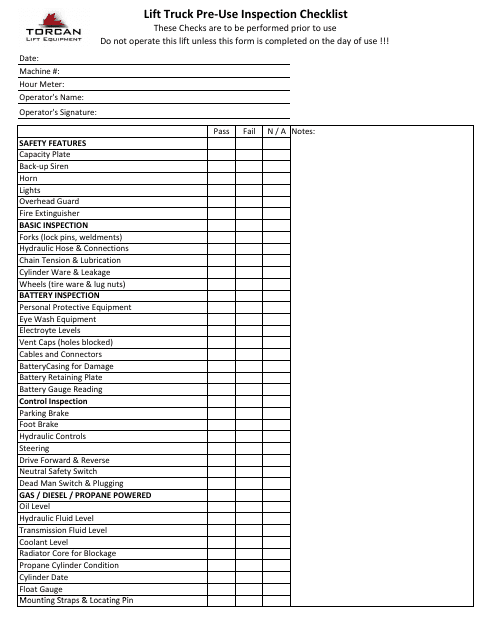 Lift Truck Pre-use Inspection Checklist Template - Torcan