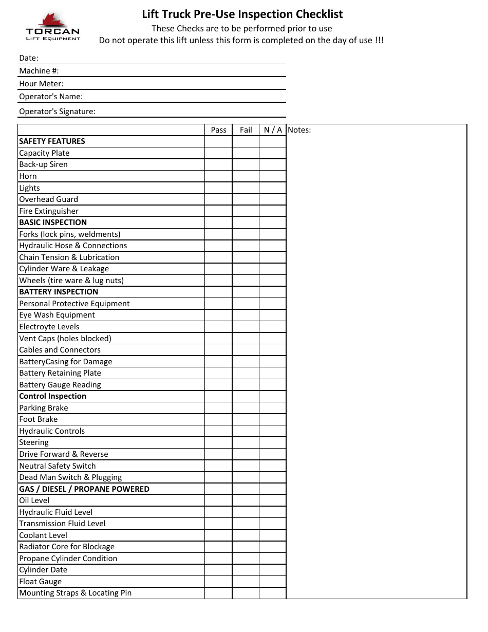 Lift Truck Pre-use Inspection Checklist Template - Torcan - Fill Out ...