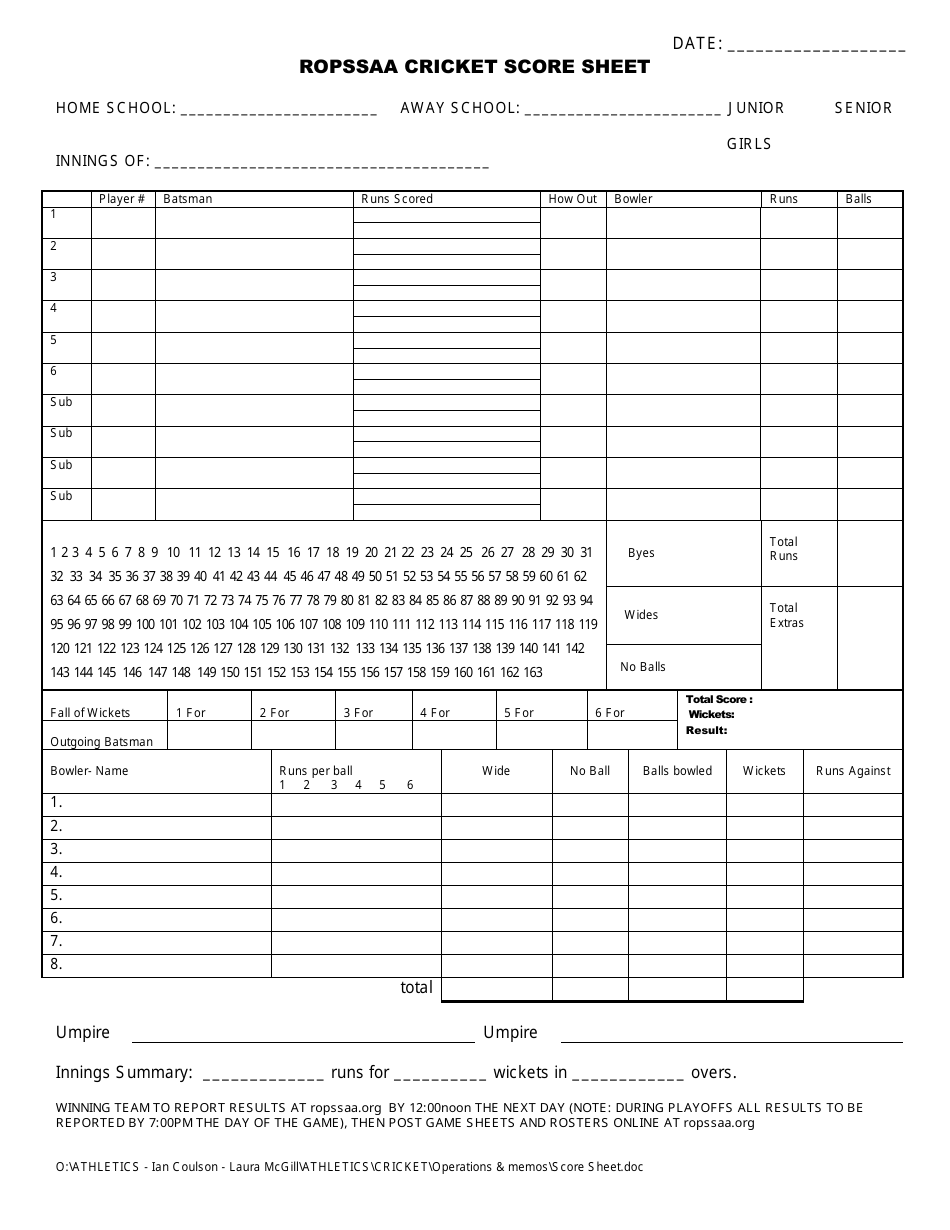 cricket score sheet for 12 overs pdf